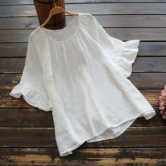 2021 New Arrival Retro Solid Color Short-sleeved Ruffle Top Summer Shirt Women&#039;s Cotton Linen Casual Shirt Top