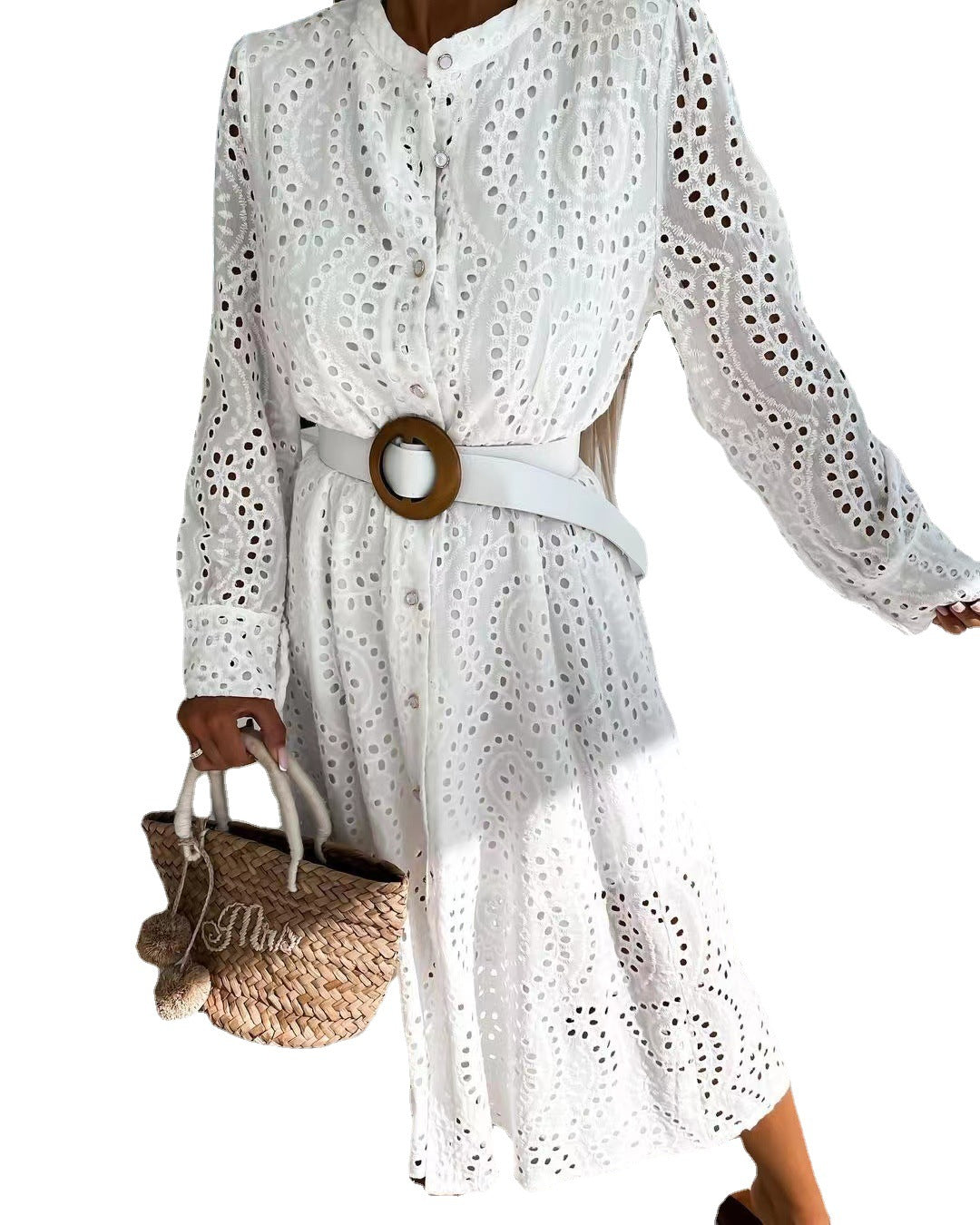 2022 European And American Cross-border New Products Amazon AliExpress Casual Lace Round Neck Belt Long Dress Women