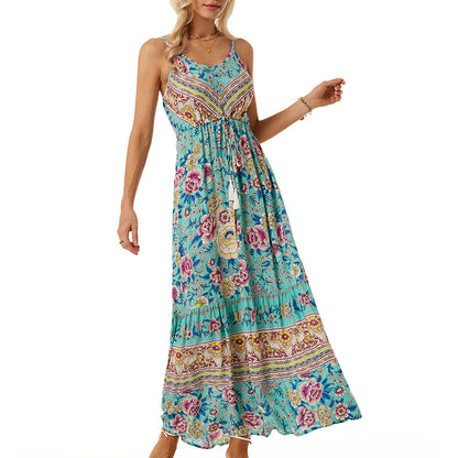 Amazon New Women&#039;s Cross-border New Foreign Trade Bohemian Sling Dress Printed Holiday Beach Dress
