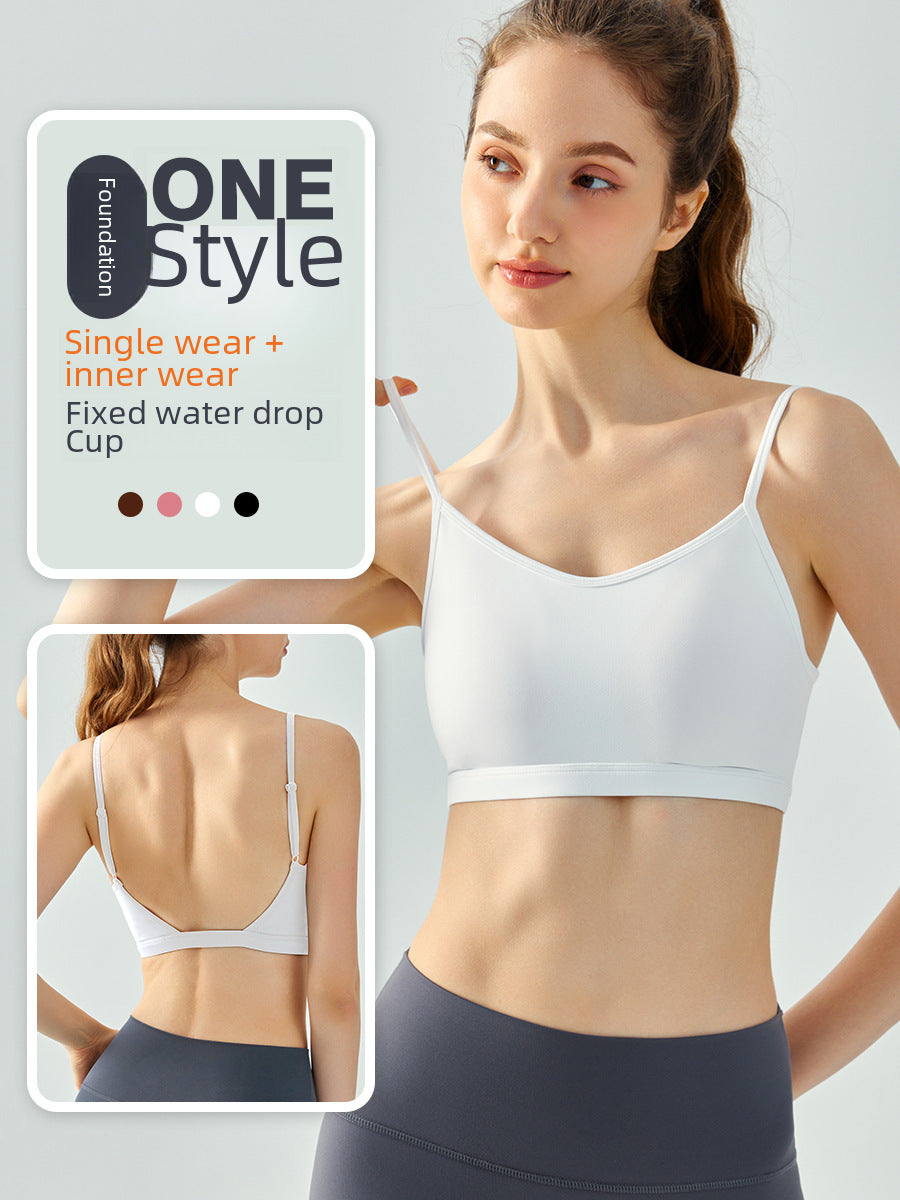 Yoga Vest Women&#039;s Water Drop Fixed Cup Thin Shoulder Strap Underwear Solid Color Inner Small Sling Beautiful Back Sports Fitness Bra
