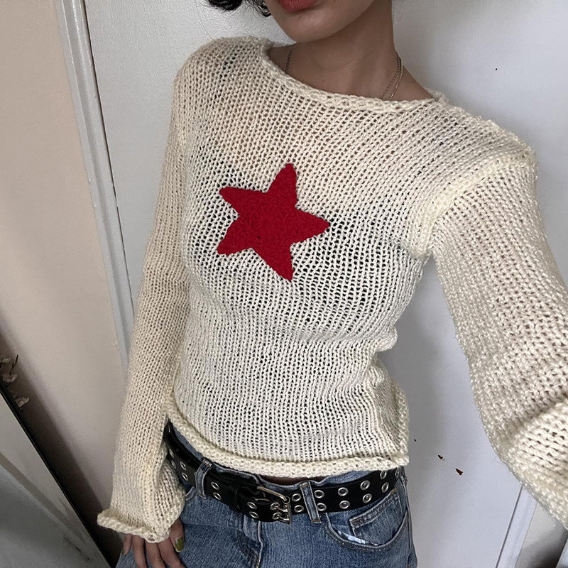 Ins Winter New Products Women&#039;s Clothing Hit Color Five-pointed Star Short Section Curling Edge Fashion Slightly Flared Long-sleeved Sweater T-shirt