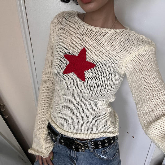 Ins Winter New Products Women&#039;s Clothing Hit Color Five-pointed Star Short Section Curling Edge Fashion Slightly Flared Long-sleeved Sweater T-shirt