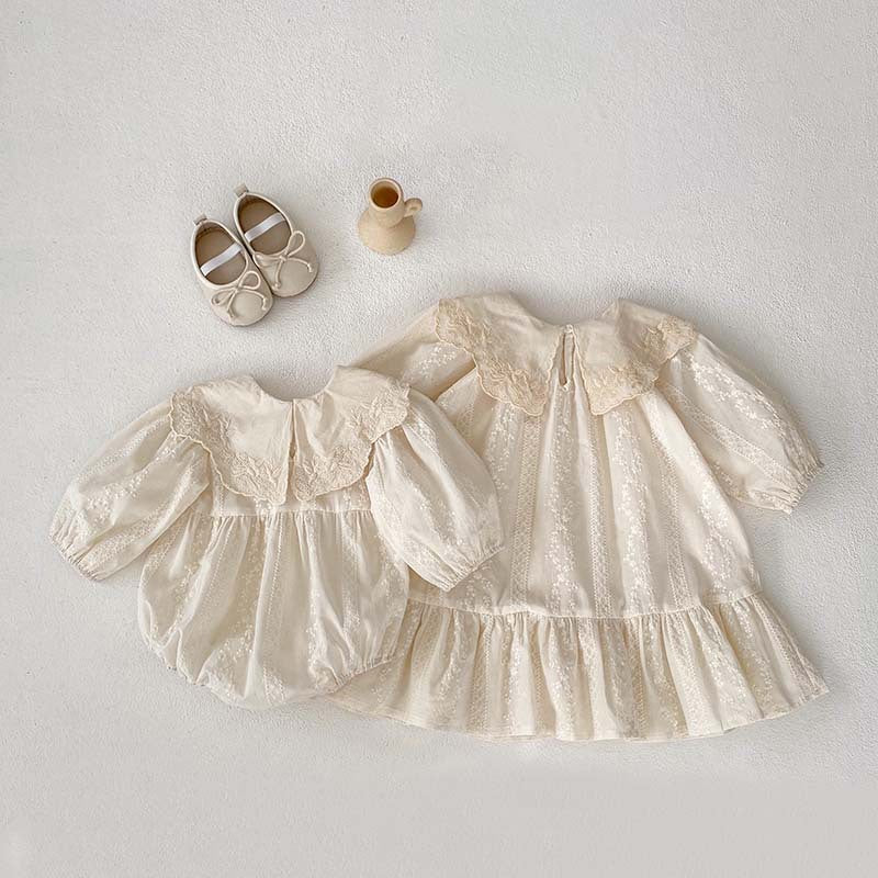 2024 Korean Style Baby Jumpsuit Spring And Autumn New Solid Color Triangle Khaki Doll Collar Baby Girl Embroidered Skirt