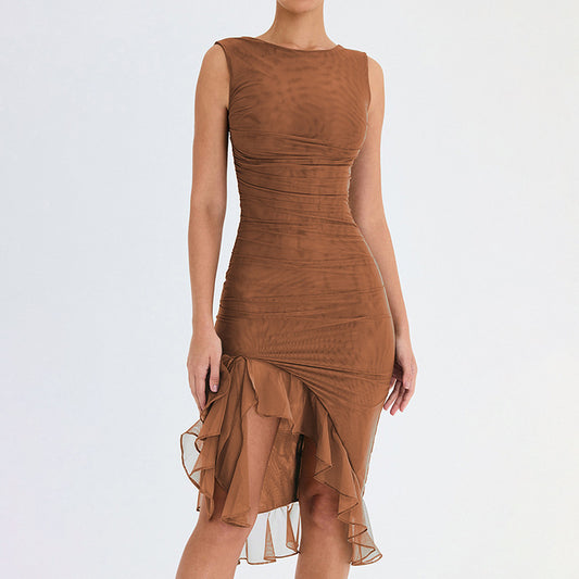 New Fashion Mesh Tight Backless Irregular Pleated Dress Summer Women