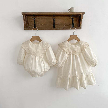 2024 Korean Style Baby Jumpsuit Spring And Autumn New Solid Color Triangle Khaki Doll Collar Baby Girl Embroidered Skirt