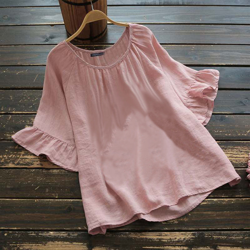 2021 New Arrival Retro Solid Color Short-sleeved Ruffle Top Summer Shirt Women&#039;s Cotton Linen Casual Shirt Top