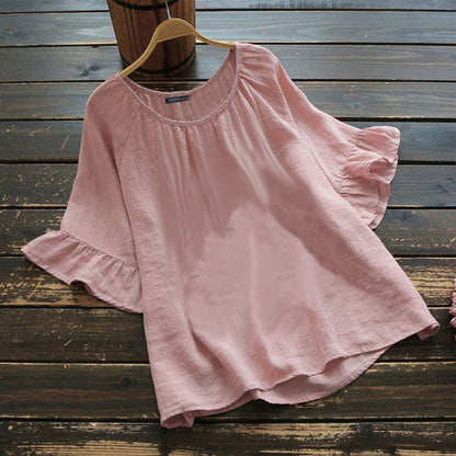 2021 New Arrival Retro Solid Color Short-sleeved Ruffle Top Summer Shirt Women&#039;s Cotton Linen Casual Shirt Top