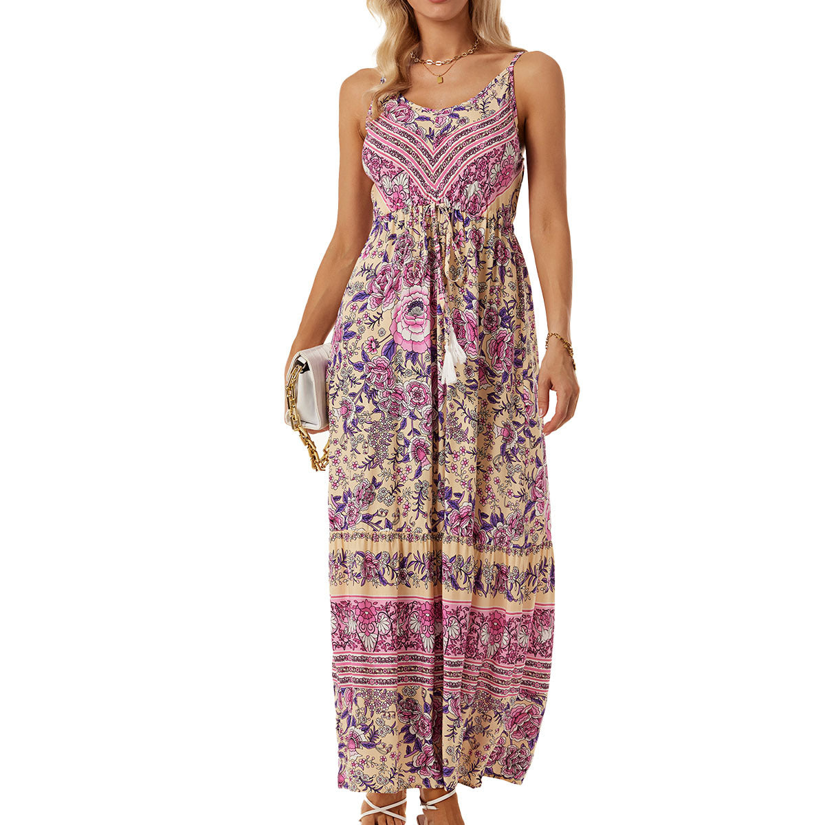 Amazon New Women&#039;s Cross-border New Foreign Trade Bohemian Sling Dress Printed Holiday Beach Dress