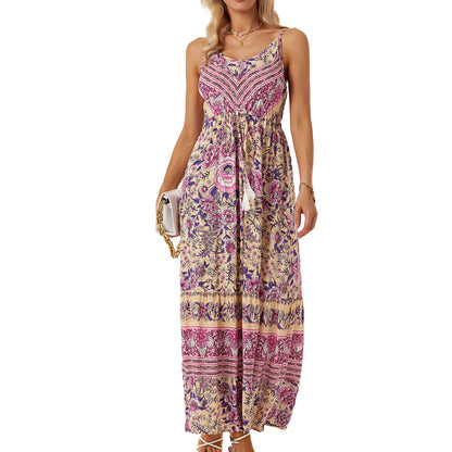 Amazon New Women&#039;s Cross-border New Foreign Trade Bohemian Sling Dress Printed Holiday Beach Dress