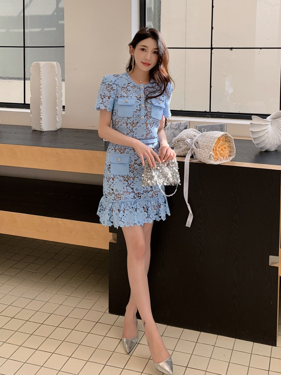 Blue Soluble Lace High Waist Slim Short Sleeve Round Neck Dress Spring Summer New Arrival Elegant A-Line Skirt Polyester Fabric