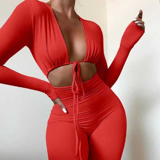 Women&#039;s New Solid Color Sexy Navel Lace-up Hollow Long Sleeve Slim-fit Pants