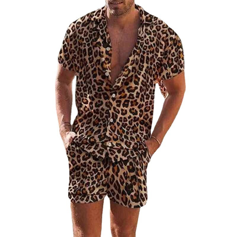 2023 Spring New Products Cross-border Exclusively For Independent Station Explosive Shirt Men&#039;s Loose Casual Two-piece Set Leopard Print Men&#039;s Clothing
