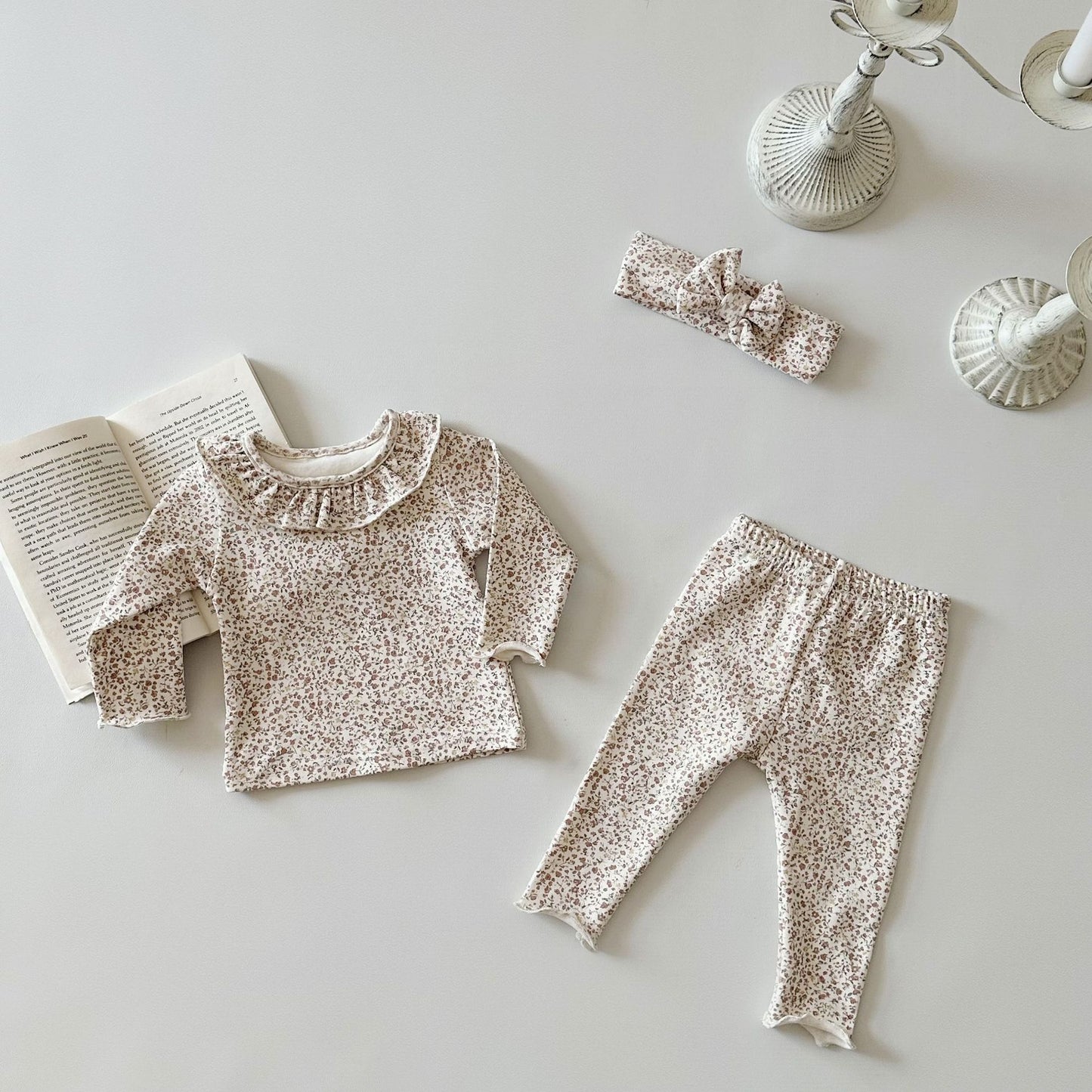 Spring And Autumn Baby Small Floral Baby Suit Baby Girl&#039;s Ruffle Collar Home Wear Bottoming Hair Band Three-piece Set