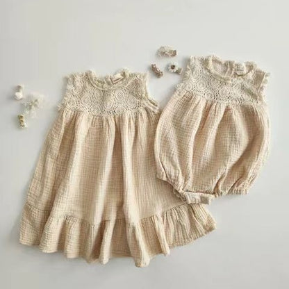 Summer New Baby Girl Lace Vest Romper Baby Jumpsuit Western Style Sisters Wear Outwear
