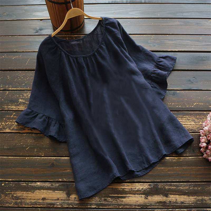 2021 New Arrival Retro Solid Color Short-sleeved Ruffle Top Summer Shirt Women&#039;s Cotton Linen Casual Shirt Top