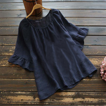 2021 New Arrival Retro Solid Color Short-sleeved Ruffle Top Summer Shirt Women&#039;s Cotton Linen Casual Shirt Top