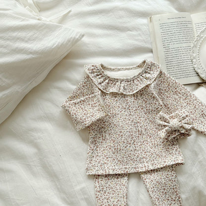 Spring And Autumn Baby Small Floral Baby Suit Baby Girl&#039;s Ruffle Collar Home Wear Bottoming Hair Band Three-piece Set
