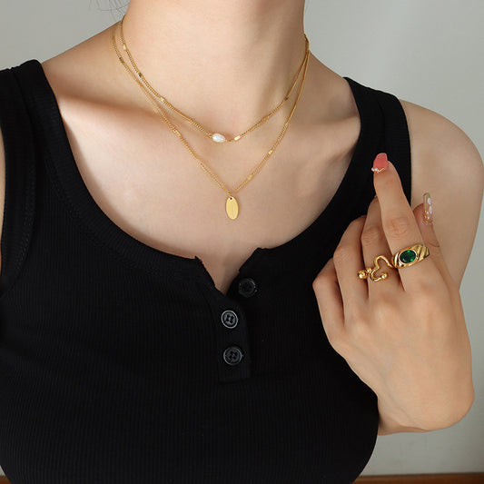 European And American Personality Temperament Fashion Handmade Oval Brand Freshwater Pearl Multi-Layer Stacked Necklace Women&#039;s Titanium Steel P749