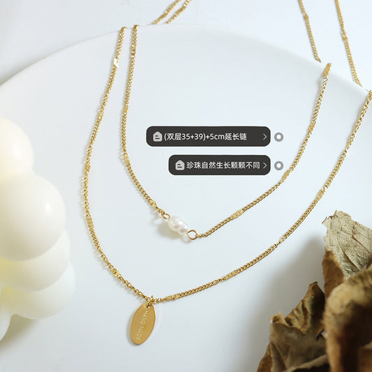 European And American Personality Temperament Fashion Handmade Oval Brand Freshwater Pearl Multi-Layer Stacked Necklace Women&#039;s Titanium Steel P749