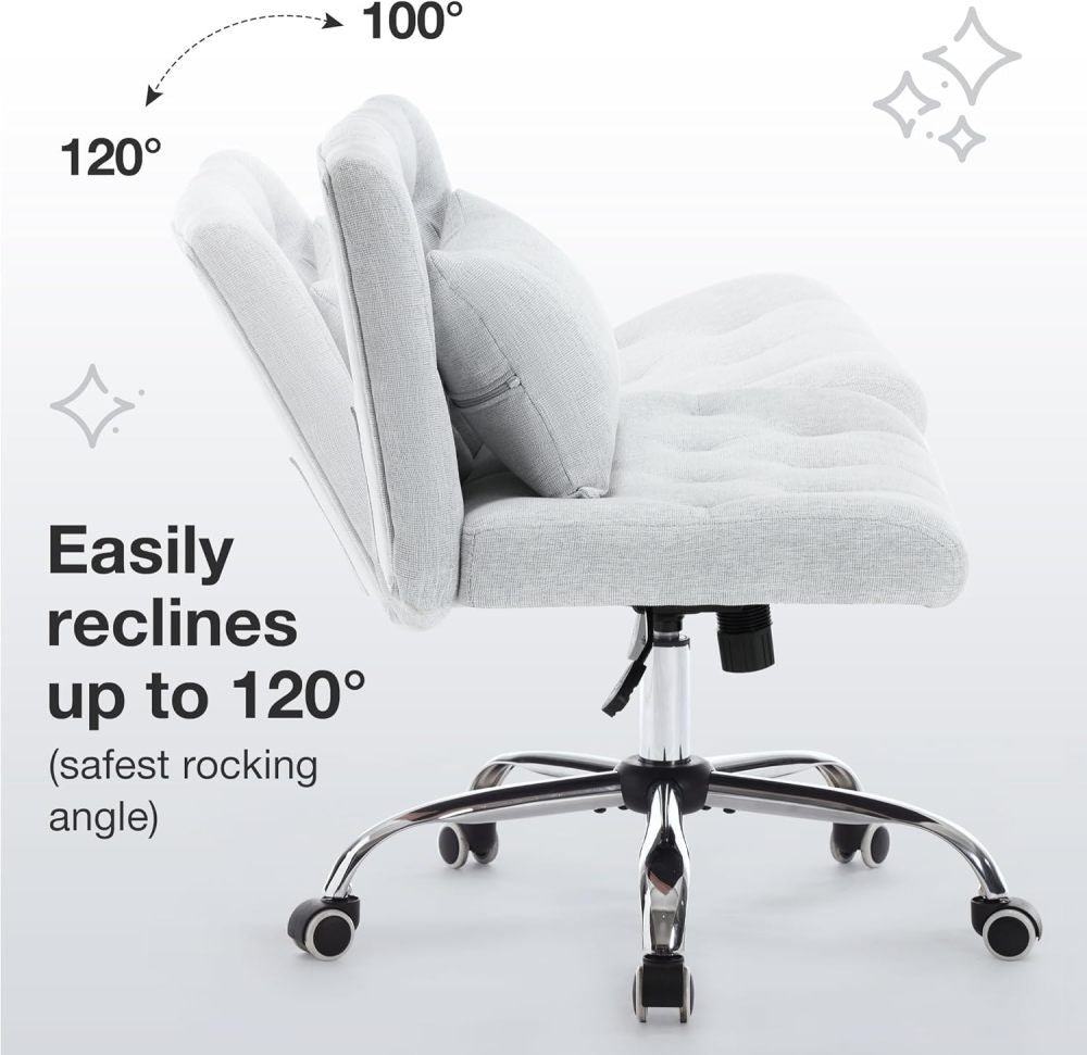 Armless Fabric Office Desk Chair with Wheels, Criss Cross Legged Wide Seat Chair, Modern Home Office Chair with Lumbar Pillow, Comfy Computer Task Chair for Small Space, Vanity Chair for Women, Girls