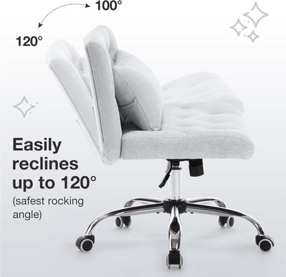 Armless Fabric Office Desk Chair with Wheels, Criss Cross Legged Wide Seat Chair, Modern Home Office Chair with Lumbar Pillow, Comfy Computer Task Chair for Small Space, Vanity Chair for Women, Girls