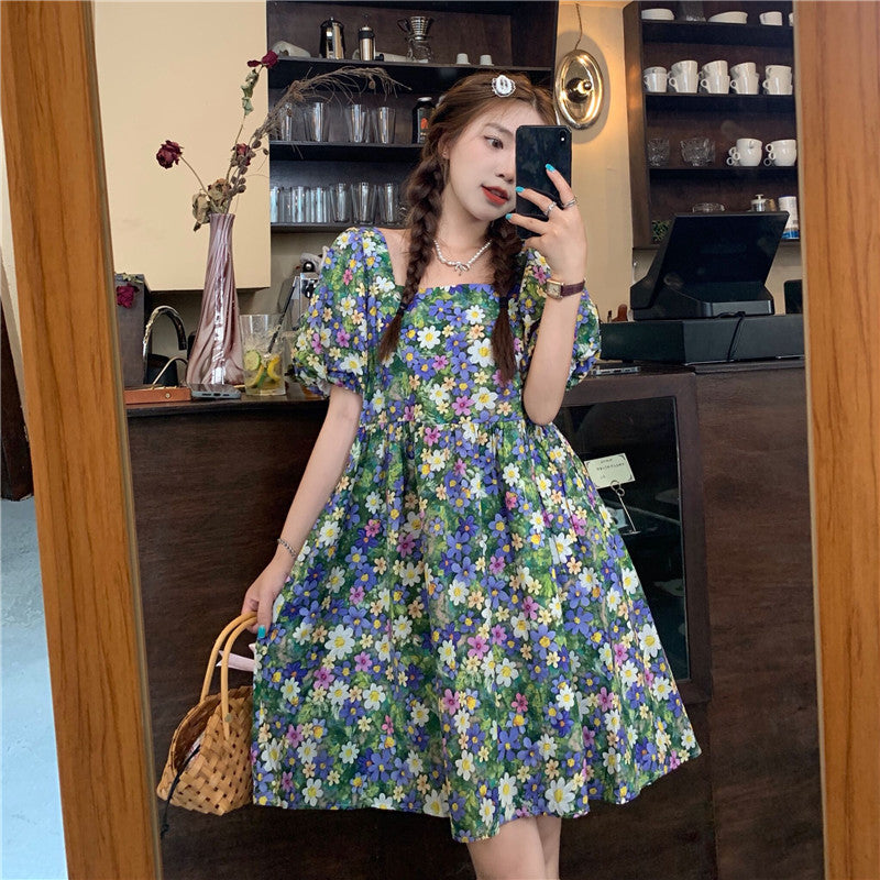 New Arrival Summer Floral Princess Dress, Square Collar, Lantern Sleeves, Short Sleeves