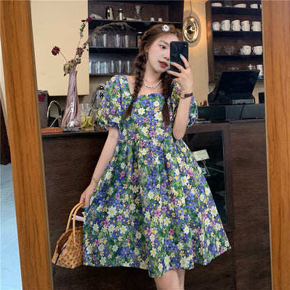 New Arrival Summer Floral Princess Dress, Square Collar, Lantern Sleeves, Short Sleeves