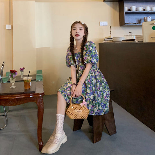 New Arrival Summer Floral Princess Dress, Square Collar, Lantern Sleeves, Short Sleeves